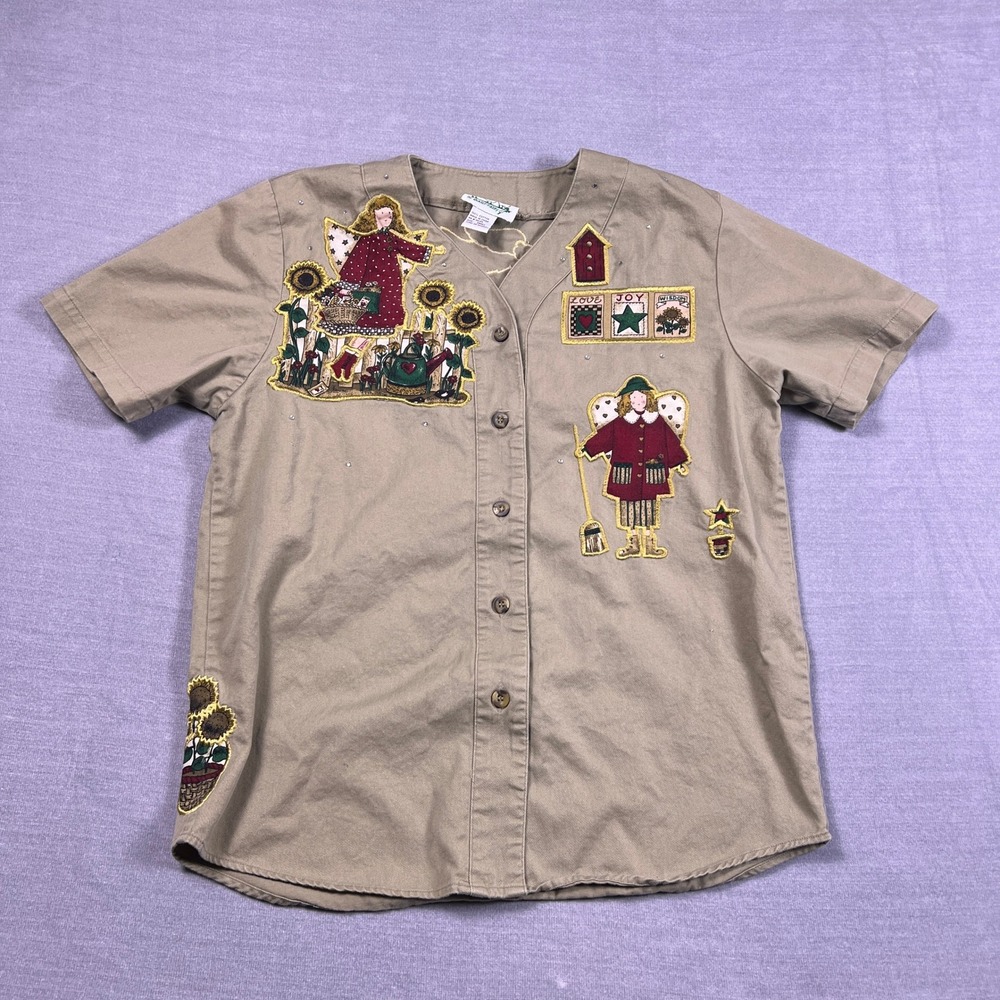 The Quacker Factory Button Up Shirt Angel Sunflower Embroidered Womens Small Tan